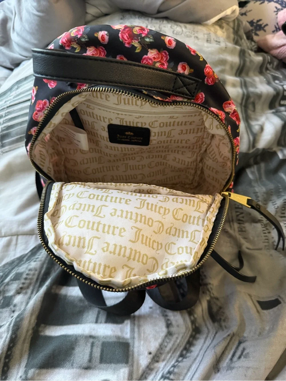 Juicy Couture Black Mini Backpack with Pink Rose Print